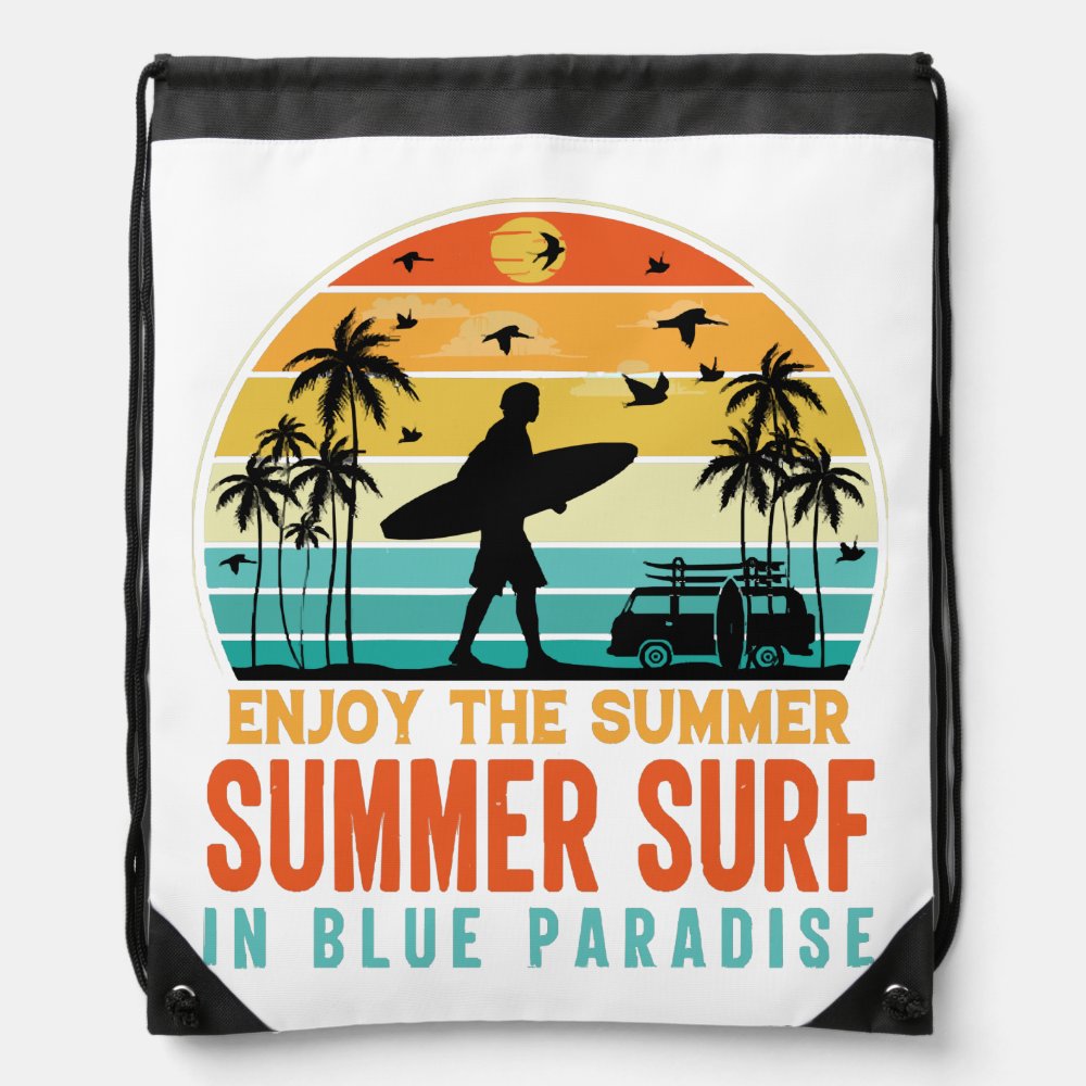 enjoy the summer surf in blue paradise drawstring bag - Surfing Gifts