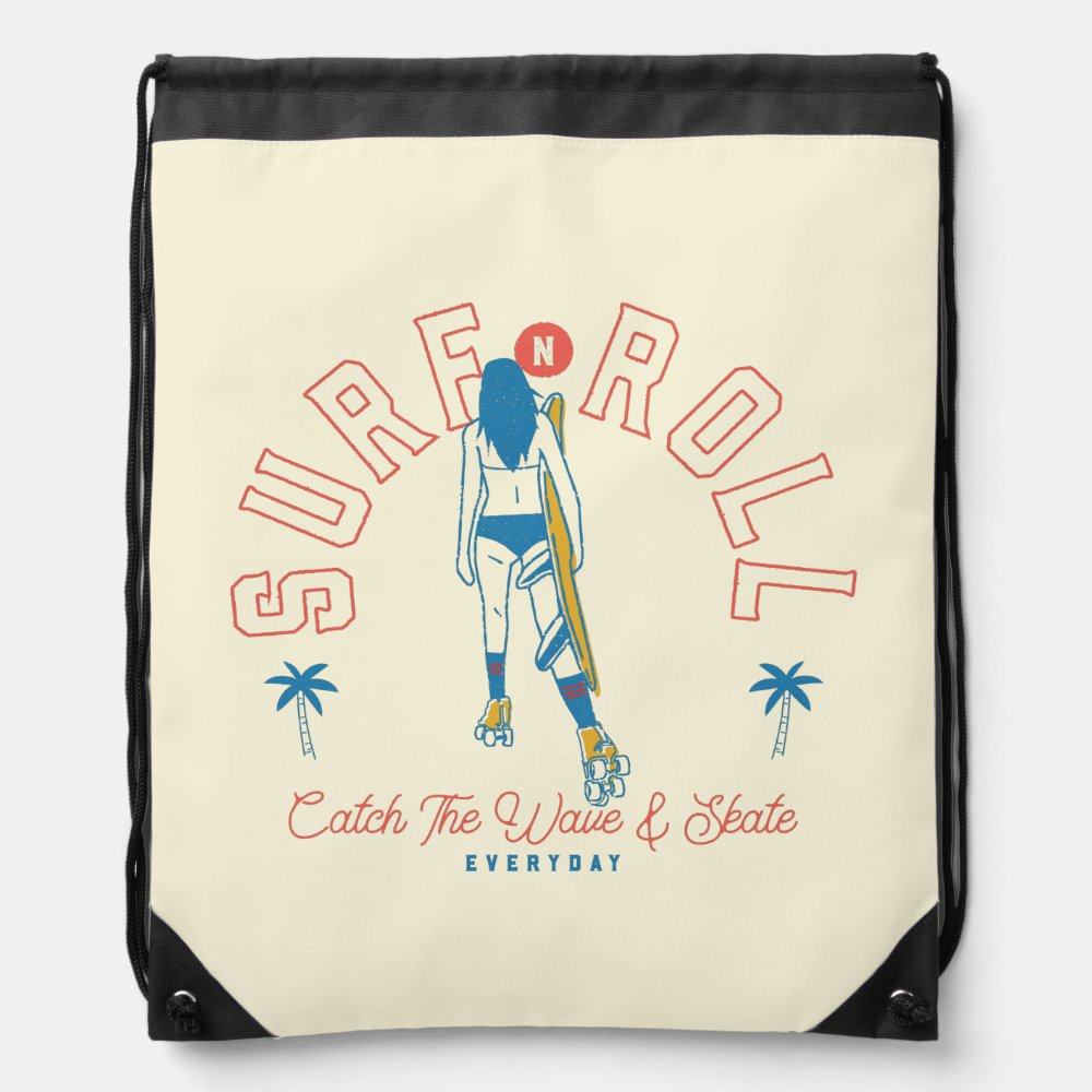retro surfing surf skate roller skating beach girl drawstring bag - Surfing Gifts
