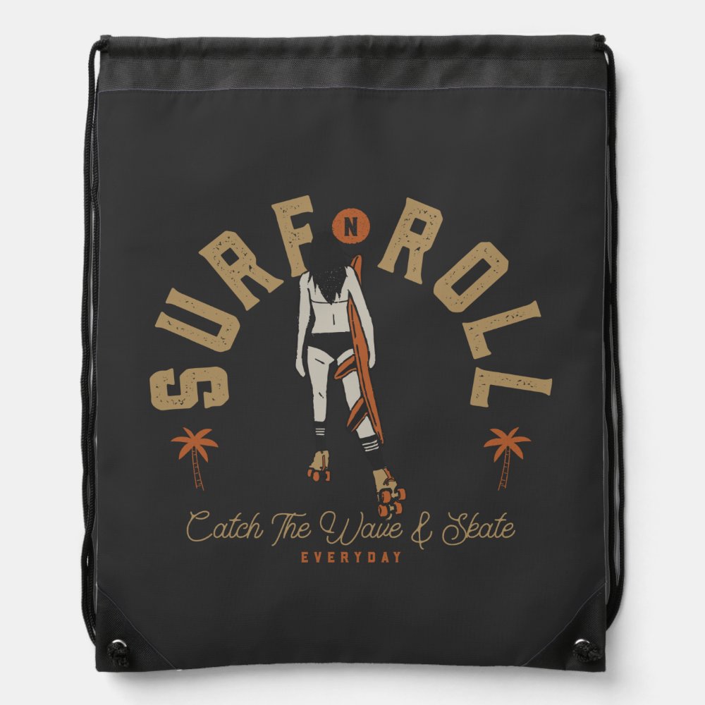 retro surfing surf skate roller skating beach girl drawstring bag - Surfing Gifts