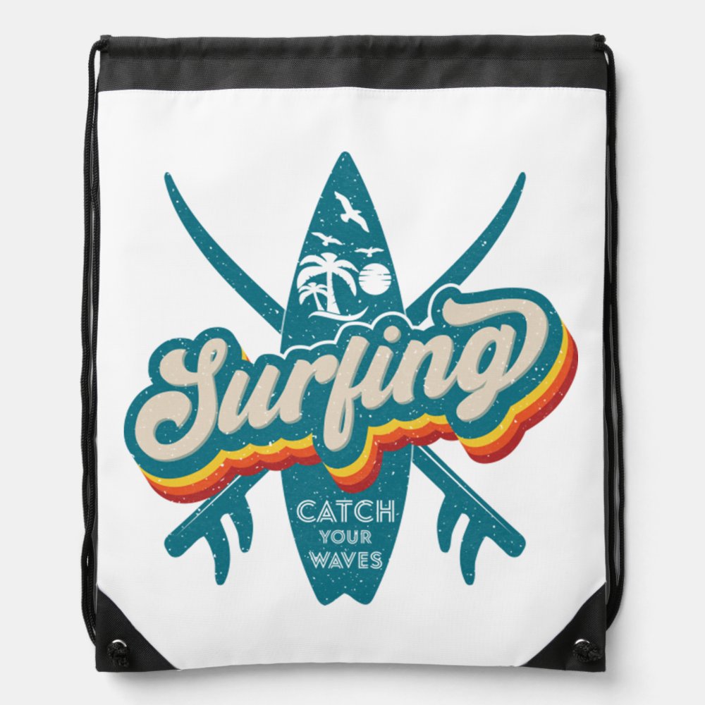 retro vintage surfing catch your waves drawstring bag - Surfing Gifts