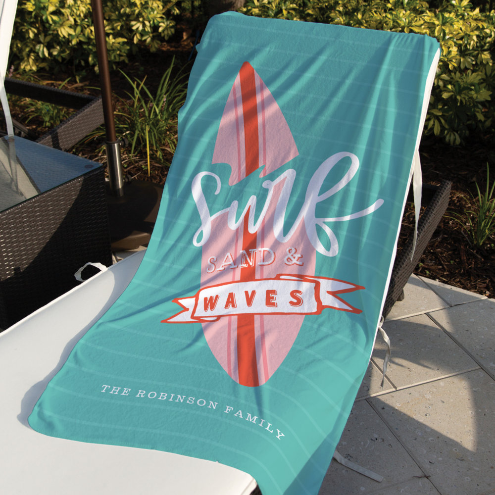 surf sand waves retro pink teal surfboard beach towel r 93z4c 1000 - Surfing Gifts