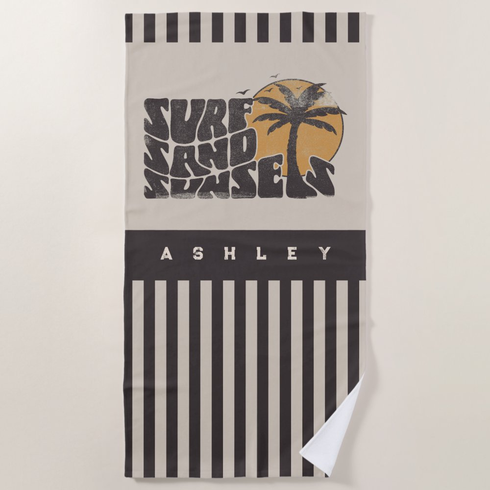 Retro Surfing Sand Sunsets Palm Tree Personalised Towel