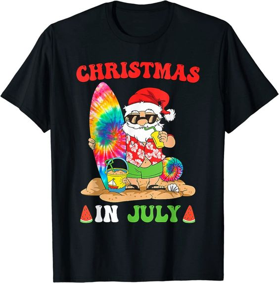 Christmas In July Santa Tie Dye Summer Surfing T- Shirt