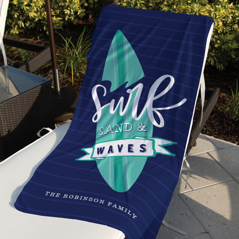 Surfing Sand & Waves Retro Teal & Navy Surfingboard Personalised Towel